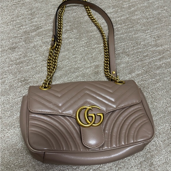 Gucci Marmont Taupe Leather Shoulder Bag with Gold Chain - Picture 1 of 7